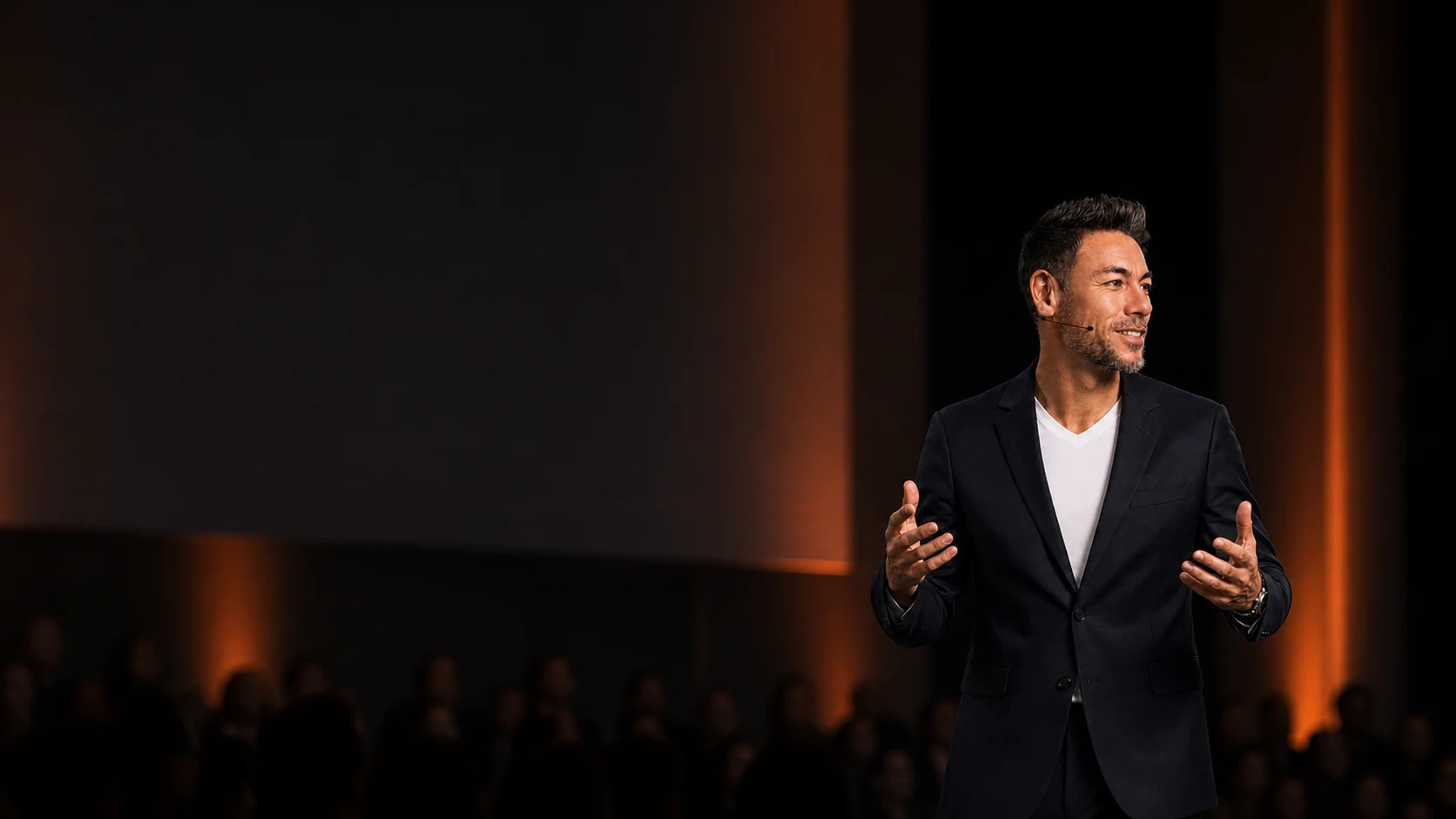 Generated brand portrait of Elton Lau speaking on a wide stage
